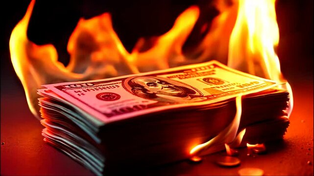 Stack of hundred-dollar bills consumed by intense flames, symbolizing financial loss or reckless spending