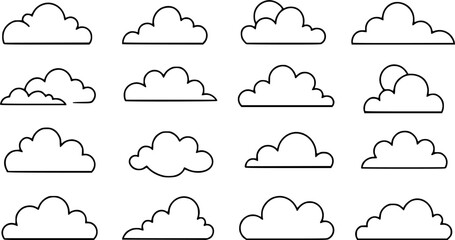 Set of clouds in a linear style. Cloud in line or outline collection. Vector illustration.
