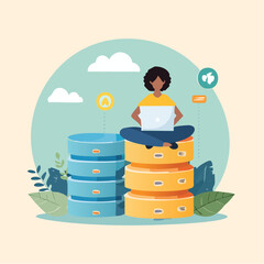 Database system, data network management, security or search, cloud computing technology or file document archive, database administration concept, woman working with computer laptop on databas