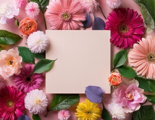 creative layout made of flowers and leaves flat lay nature concept floral greeting card colorful spring flower background with paper card note nature trendy decorative design