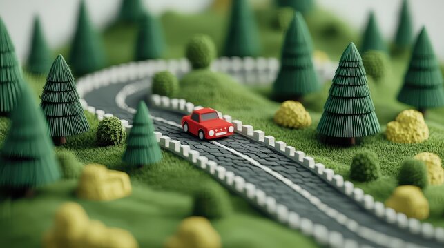 A red toy car drives along a winding road surrounded by stylized trees and bushes in a miniature green landscape.