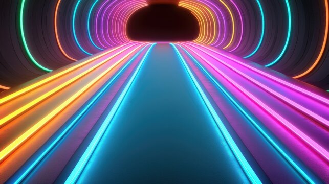 A futuristic tunnel illuminated with vibrant neon lights in pink, blue, orange, and purple, creating a dynamic and colorful pathway leading into darkness.