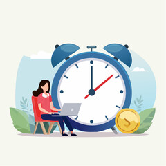 Productivity, project management or efficiency to finish work and reach business goal, time management concept, productive business woman working with computer laptop on checklist and alarm cloc
