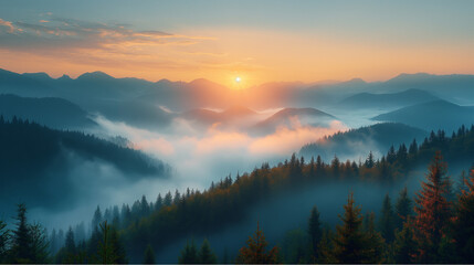 Fototapeta premium Golden mist glow. Sun rising over fog-covered forest hills. Ideal for wellness themes, eco-tourism, or nature backgrounds.