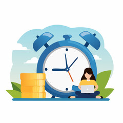 Productivity, project management or efficiency to finish work and reach business goal, time management concept, productive business woman working with computer laptop on checklist and alarm cloc
