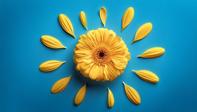 yellow flower on bright blue background with petals emotion concept summer flat lay
