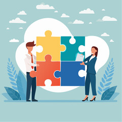 Work together, teamwork or collaboration to solve problem, hybrid work conference call to success together, partnership concept, businessman and woman colleagues connecting jigsaw pieces togethe