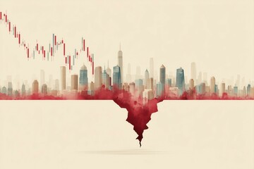 Fototapeta premium A surreal illustration of a stock market chart literally cracking like an earthquake fault line, splitting a city skyline or financial district in two.