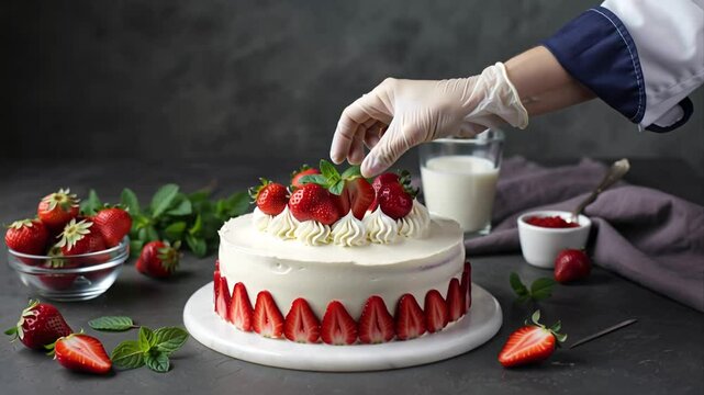 pastry chef's hands in white rubber gloves decorate a cake with white icing with strawberries and mint