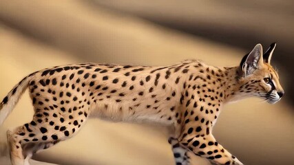 Graceful serval cat stepping through sunlit desert sands - Powered by Adobe