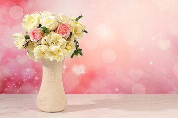 Still life with beautiful rose hips and cream rose flowers in vase on elegant modern table, abstract floral arrangement. template for your design with place for text, minimalist beauty concept,