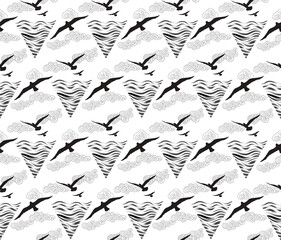 Seamless pattern with birds flying in the sky with clouds over sea waves. Nature sea view ornamental line drawn background