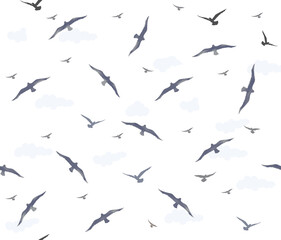 Seamless pattern with birds flying in the sky with clouds over sea waves. Nature sea view ornamental line drawn background