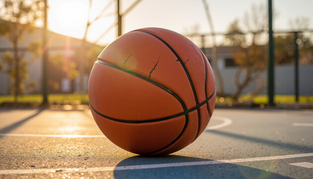 Basketball lying on court during sunset with blurred background  
