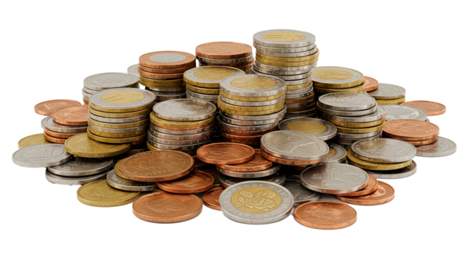 Pile of euro coins currency money finance investment savings wealth cash economic financial monetary system on transparent background
