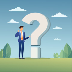 Ask questions, FAQ, problem or curiosity, doubt and confusion to be answer, challenge and uncertainty, unknown information or solution concept, contemplation businessman thinking with question mark