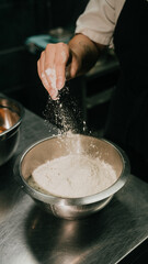 A person is sprinkling flour on a bowl of dough. The scene is set in a kitchen, and the person appears to be preparing food. Scene is calm and focused