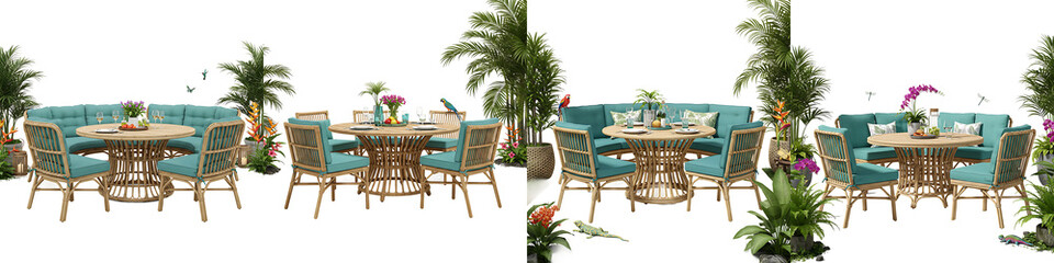 Fototapeta premium Tropical Outdoor Dining Area with Palm Plants Transparent Background