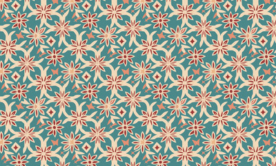 Intricate Ethnic Floral Pattern with Bohemian Folk Art Style. Seamless ornate damask vector background in teal and red