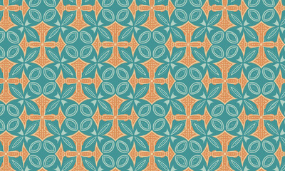Bold Retro Geometric Floral Pattern in Orange and Teal. Seamless 70s style pop art vector background.