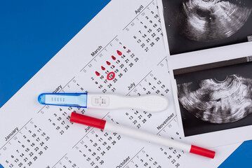Positive pregnancy test, gynecological ultrasound image and ovulation calendar marked with menstruation and ovulation dates. Fertility tracking, family planning, maternal health, and prenatal care.