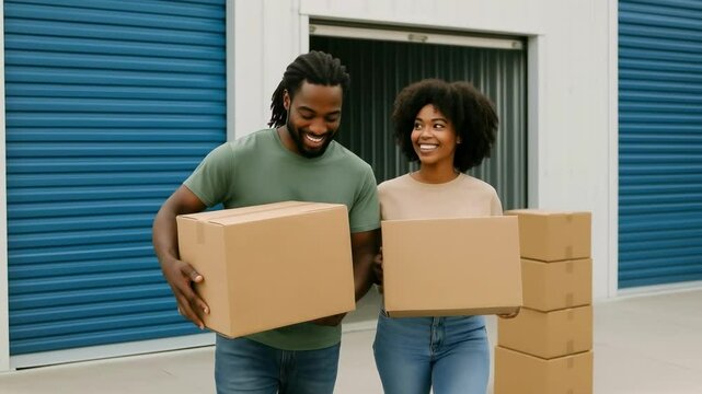 A cheerful couple carries boxes in front of a storage unit. The video captures them from a side angle, emphasizing teamwork and organization.