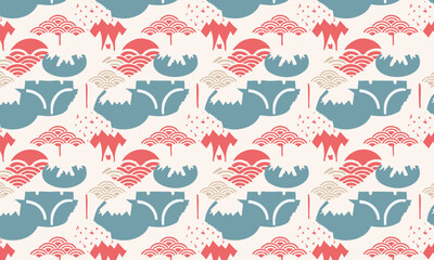 Abstract Japanese Landscape Collage Pattern. Seamless modern vector background with a wabi-sabi feel