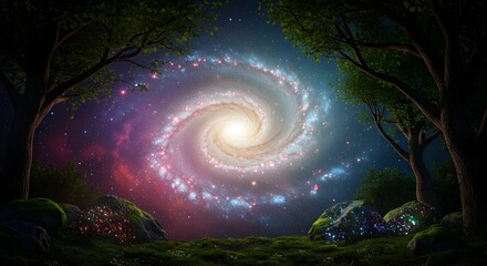  Surreal cosmic nebula fused with enchanted forest – glowing fantasy landscape illustration