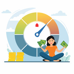 Good credit score for credit card spending with sufficient cash to pay debt create excellent personal financial plan, happy woman hold banknote and credit card sit above credit gauge at good ratin