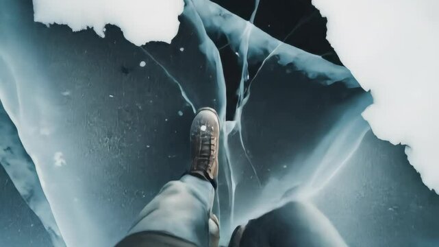 Footsteps on cracked ice showing winter nature from above  