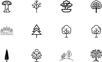 Diverse Tree Icons Line Art, Nature, Botanical Illustrations, Design Elements