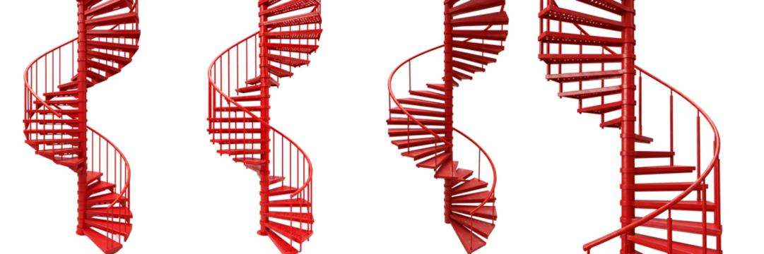 Red Spiral Staircases in Multiple Views Transparent Background

