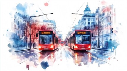 Vibrant Bus Lane Watercolor Vector Illustration for Street Scenes