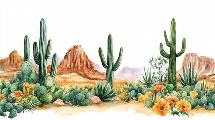 Watercolor Cactus and Desert Frame Background for Design Projects