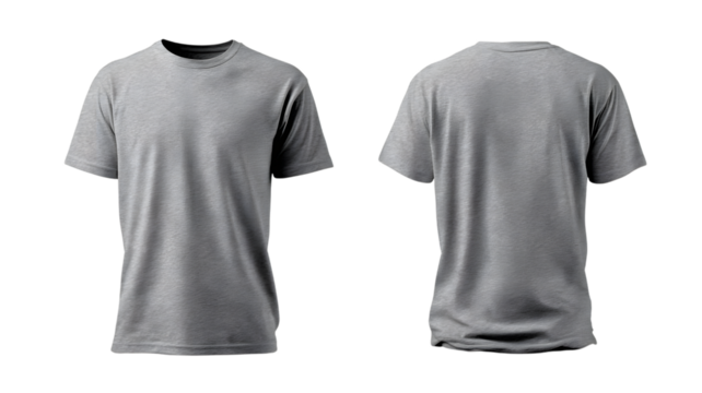 Front and back view of a classic gray crew neck t shirt isolated on isolated on white transparent background displaying apparel design and textile details