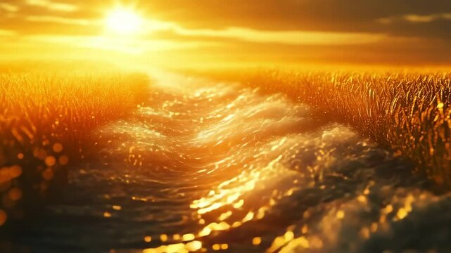 Sunlight reflects off flowing water through golden agrivoltaic wheat fields at sunrise, capturing a surreal and harmonious scene of nature, agriculture, and sustainable irrigation.