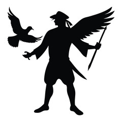 Fototapeta premium Kneeling angel with wings and sword in sorrow stencil illustration