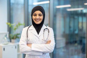 A smiling female doctor wearing a hijab and medical coat stands with arms crossed in a modern office setting.