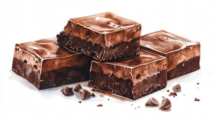 Delicious Fudge Dessert Watercolor Vector Illustration Isolated on White Background