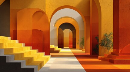 Vibrant architectural scene featuring layered arches, geometric shadows, and stairs in shades of yellow, orange, and red under strong sunlight.
