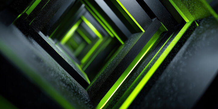 Geometric pattern of black metallic blocks with vivid green lighting, forming an infinite tunnel effect – high-tech and modern abstract art.