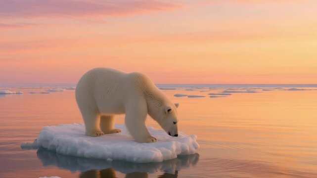 A polar bear stands on a small ice floe at sunset.