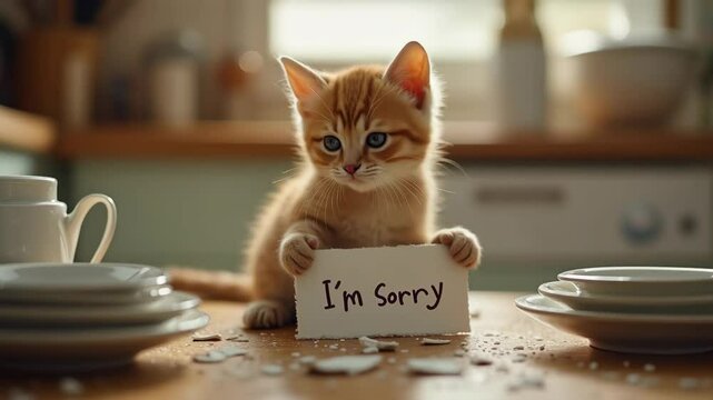 cute guilty kitten in the kitchen among broken dishes with a sign saying i'm sorry