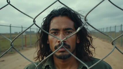 Mexican refugee man with long hair standing at closed border fence with barbed wire. Immigration issue and detainment crisis concept footage. Close-up.