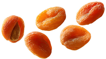 High angle shot of several delicious dried apricots isolated on a isolated on white transparent background showing texture and detail suitable for healthy eating concepts