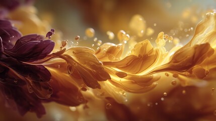 Swirling golden and purple fluid motion abstract with floating particles, resembling a dynamic mix of paint and liquid silk.