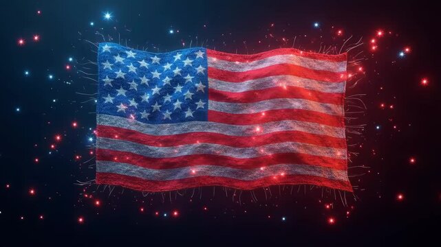 A dynamic American flag with stripes made of AI-generated code streams and holographic stars digital