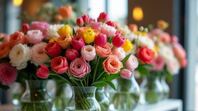 Many bouquets of different color flowers in glass vase. Interior with tulips, peonies and carnations. Presentation of modern flower shop. Floral arrangement for event decoration, wedding concept.