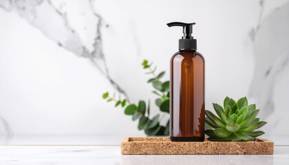 Amber Pump Bottle with Succulent on Cork Tray