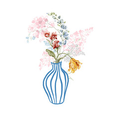 Watercolor floral composition. Hand painted garden flowers, leaves in a line vase. Bouquet isolated on white background. Botanical doodle illustration for design, print or background, cards